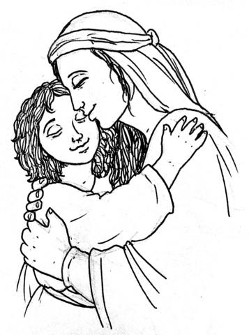 Jesus Christ Being Embraced By His Mother Mary Coloring Page